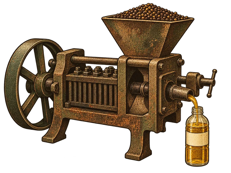 An engraved interpretation of an oil press, with a seed hopper and golden oil flowing into a bottle
