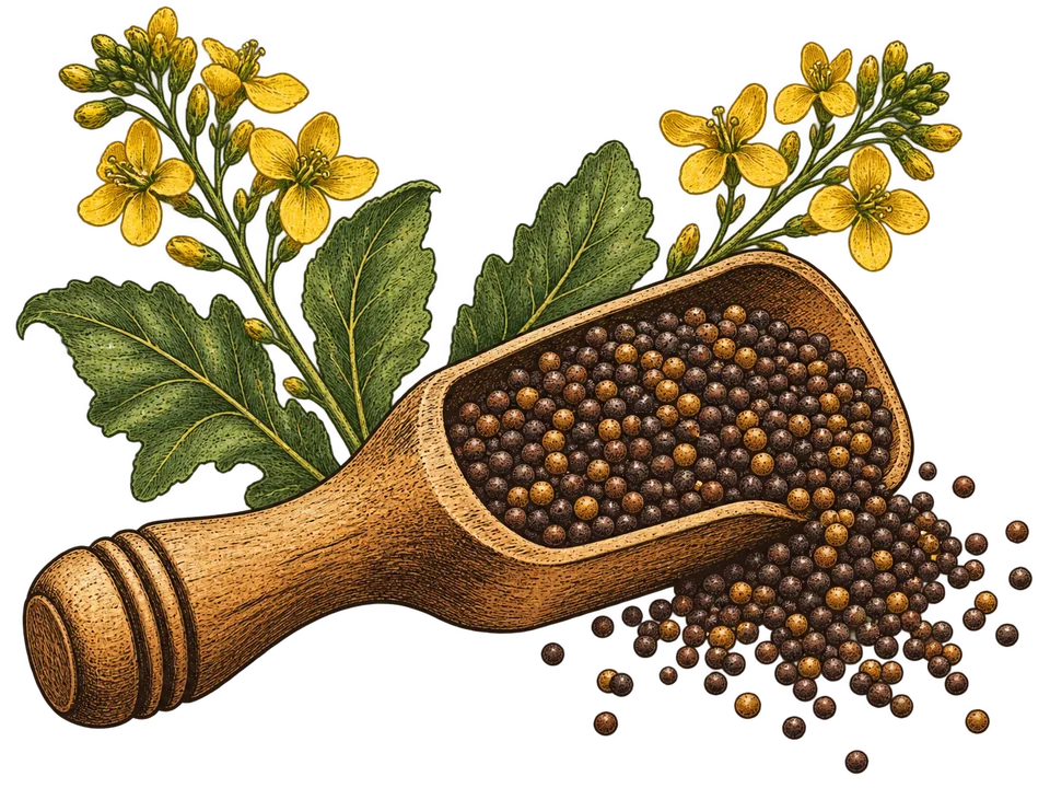 Mustard flowers and a wooden scoop full of seeds