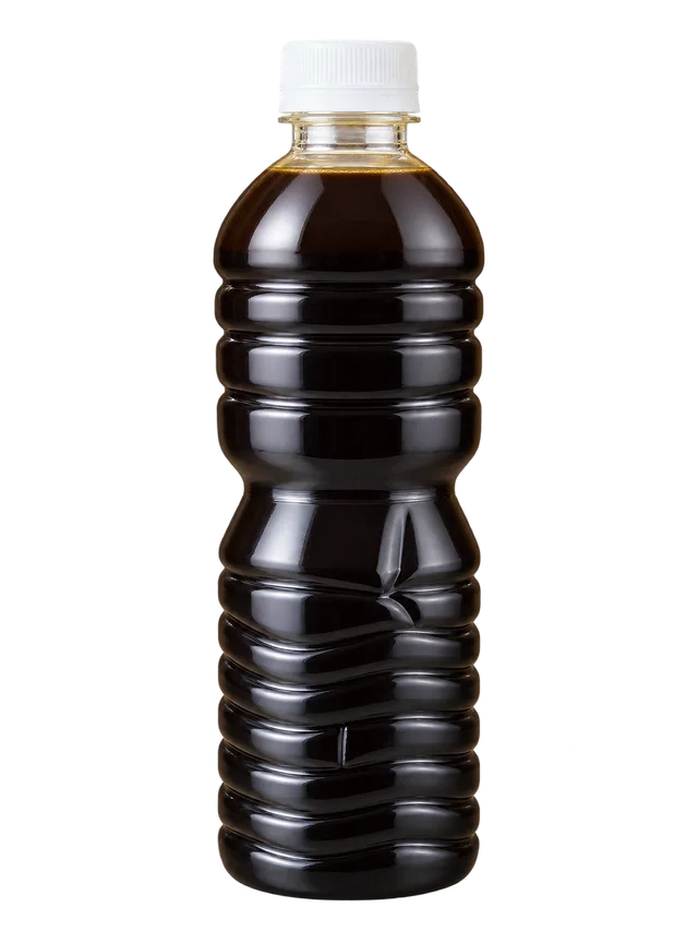 Unlabelled black sesame oil in a white-capped PET bottle; generated from the client reference