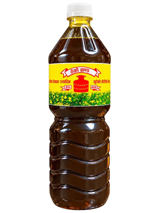 Theki roasted mustard oil in its white-capped PET bottle; photo-based packshot